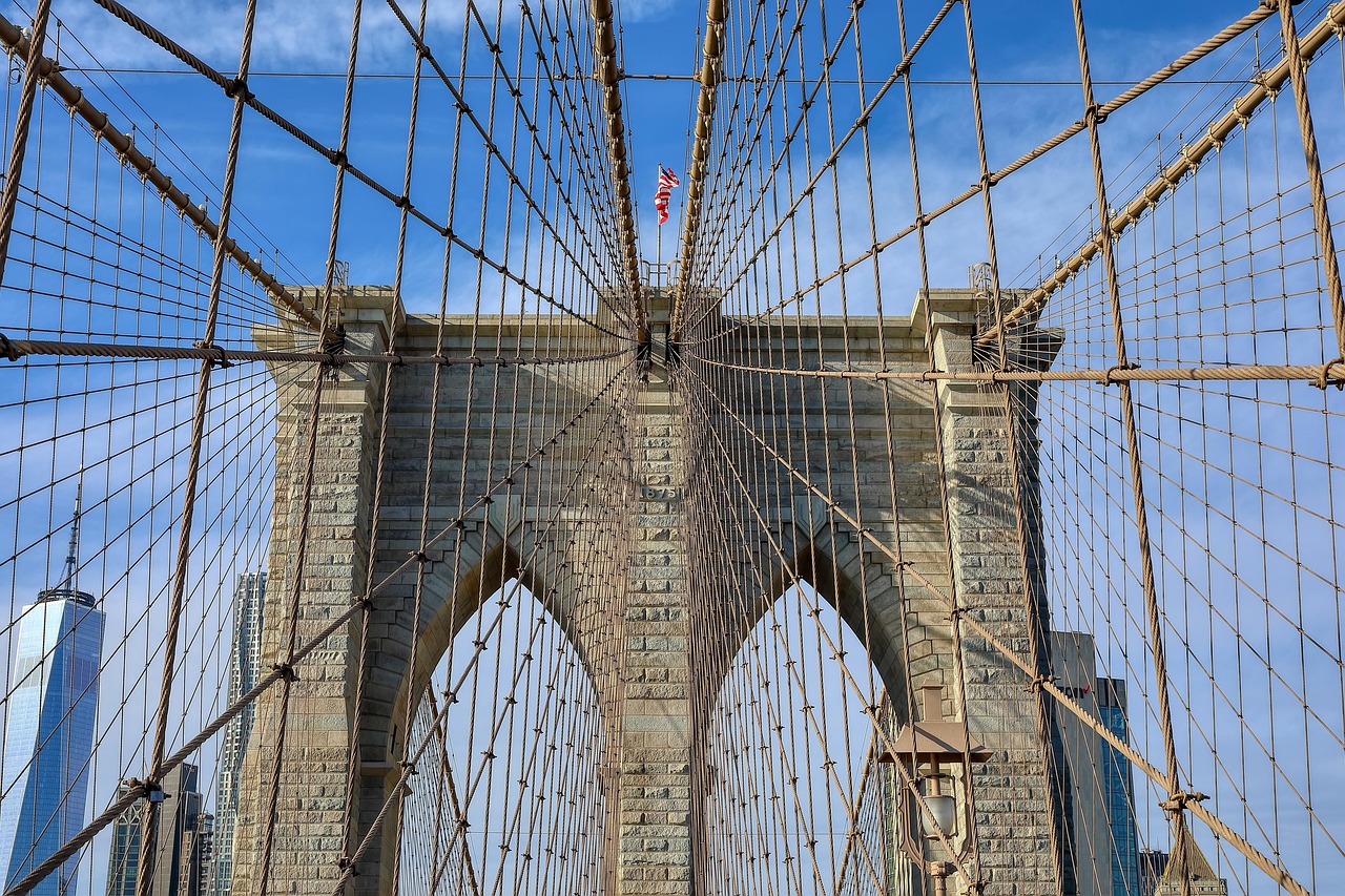 Brooklyn Bridge cables and stone towers in New York City